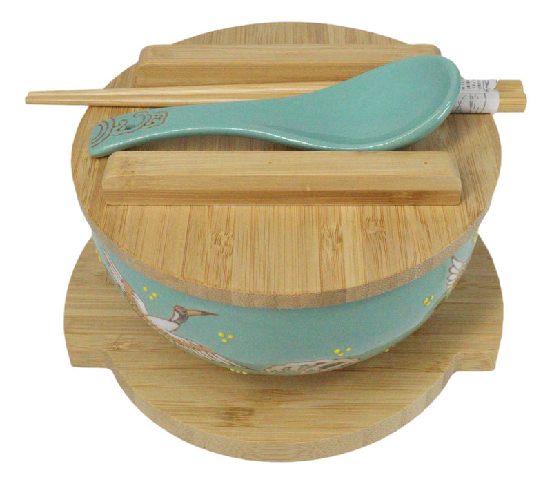 Turquoise Japanese Crane Donburi Ramen Bowl With Lid Trivet Spoon Chopsticks Set