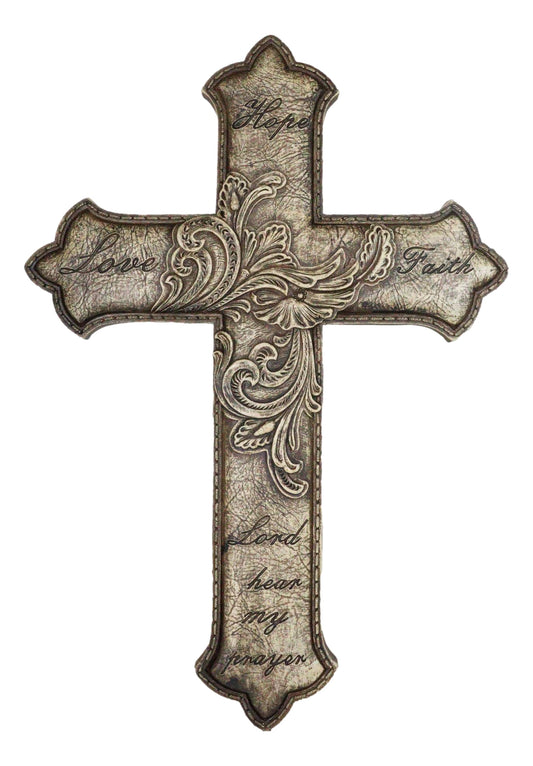 Hope Love Faith Lord Hear My Prayer Fleur De Lis Floral Faux Leather Wall Cross