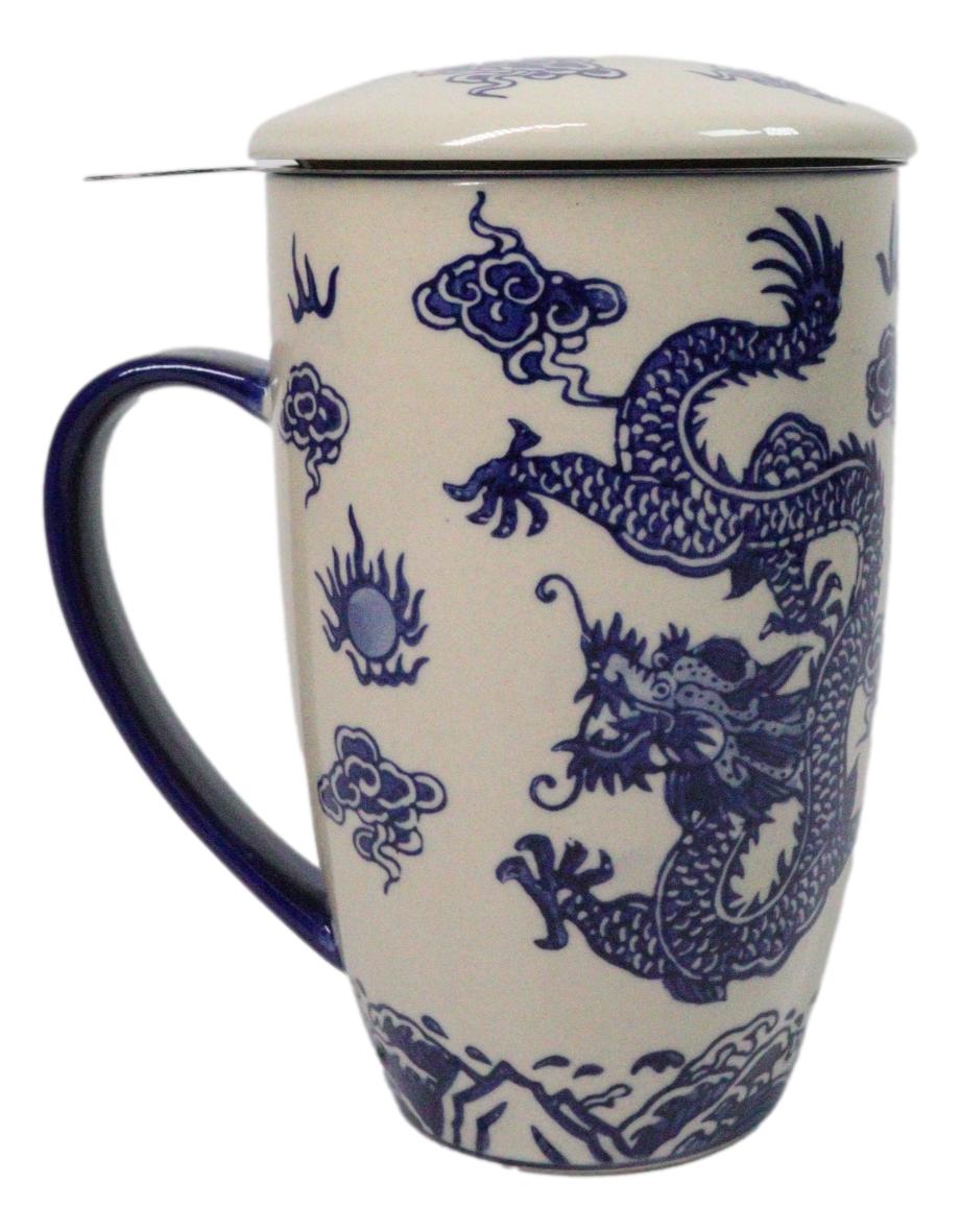 Blue Oriental Ryu Dragon 15oz Porcelain Tea Mug With Lid Stainless Steel Infuser