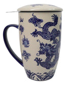 Blue Oriental Ryu Dragon 15oz Porcelain Tea Mug With Lid Stainless Steel Infuser