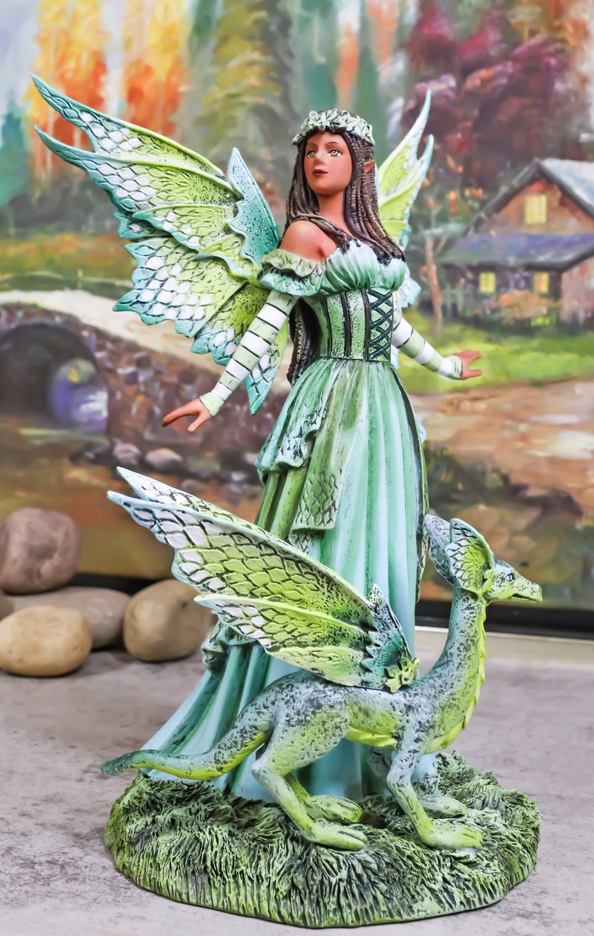 Amy Brown Fantasy Ebony Fairy Jewel Of The Forest With Pet Camo Dragon Figurine