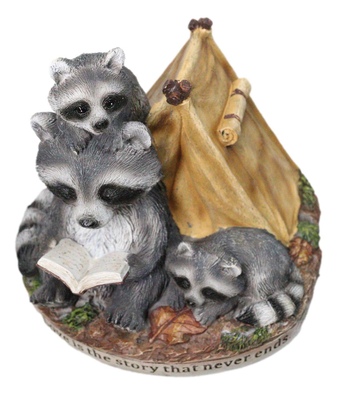 Bedtime Story Raccoon Mother & Cubs Figurine Raccoon Family Reading by Tent