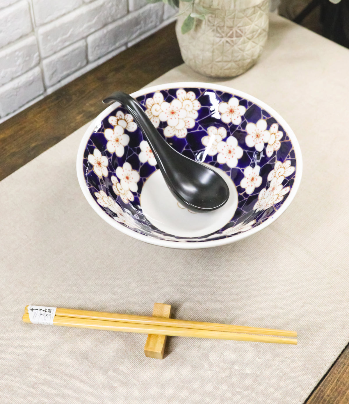 White Ume Plum Flowers Ceramic Ramen Bowl Soup Spoon Chopsticks And Rest Set