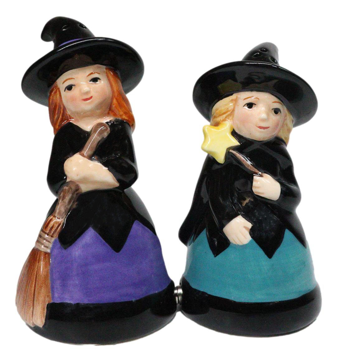Hocus Pocus Witches With Broomstick Magic Wand Ceramic Salt Pepper Shakers Set