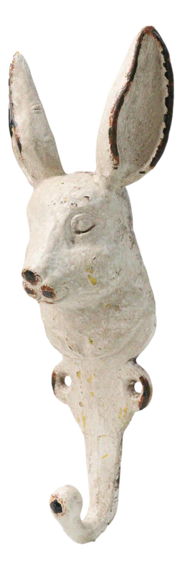 Distressed White Finish Cast Iron Whimsical Bunny Rabbit Wall Coat Hat Hook