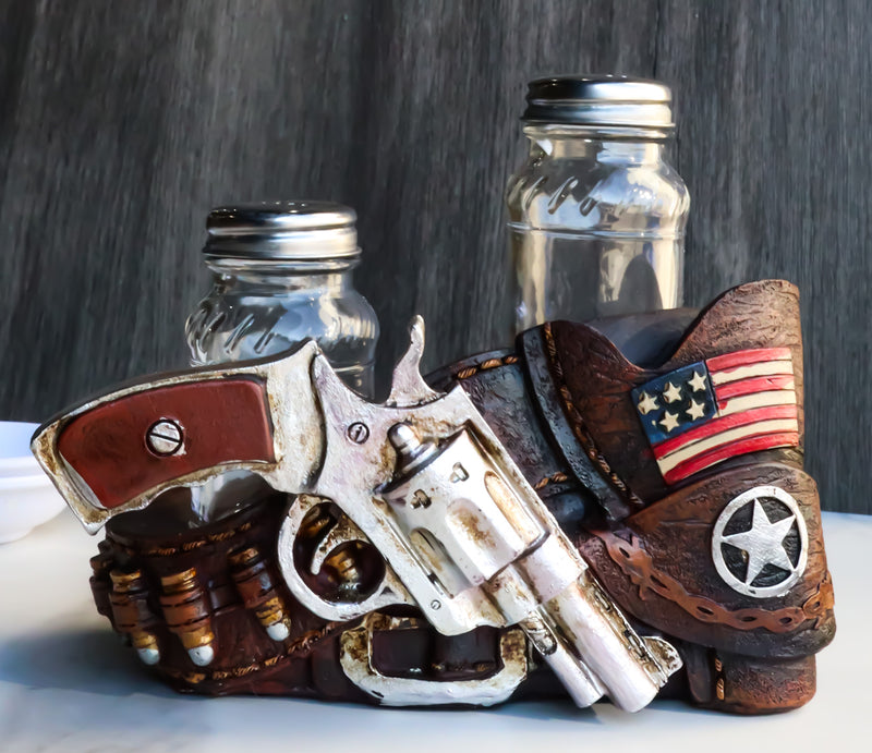 Western Star Cowboy Gun Faux Leather Holster Salt Pepper Shakers Holder Set