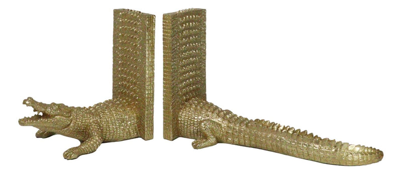 Nautical Marine Faux Gold Crocodile Alligator Head And Tail Bookends Pair Set