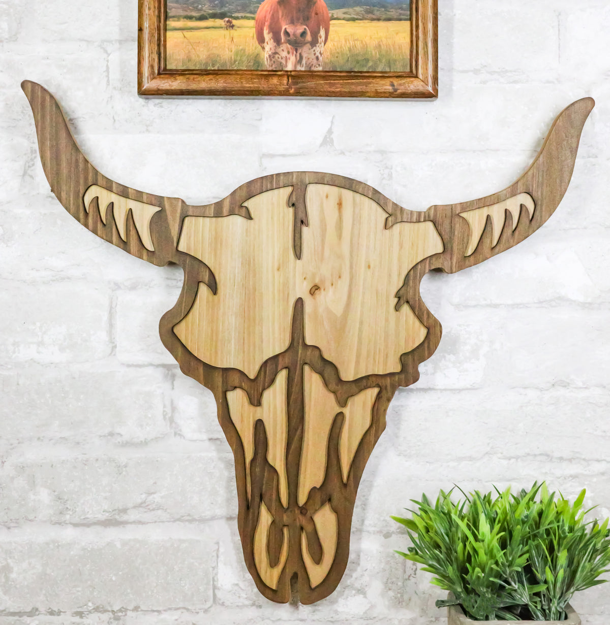 Rustic Western MDF Wood Bison Cow Skull Cutout Wall Decor Plaque 16.25"L