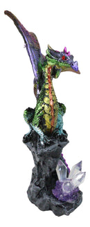 Iridescent Green Purple Dragon Perching On Cliff Rock with Crystals Figurine