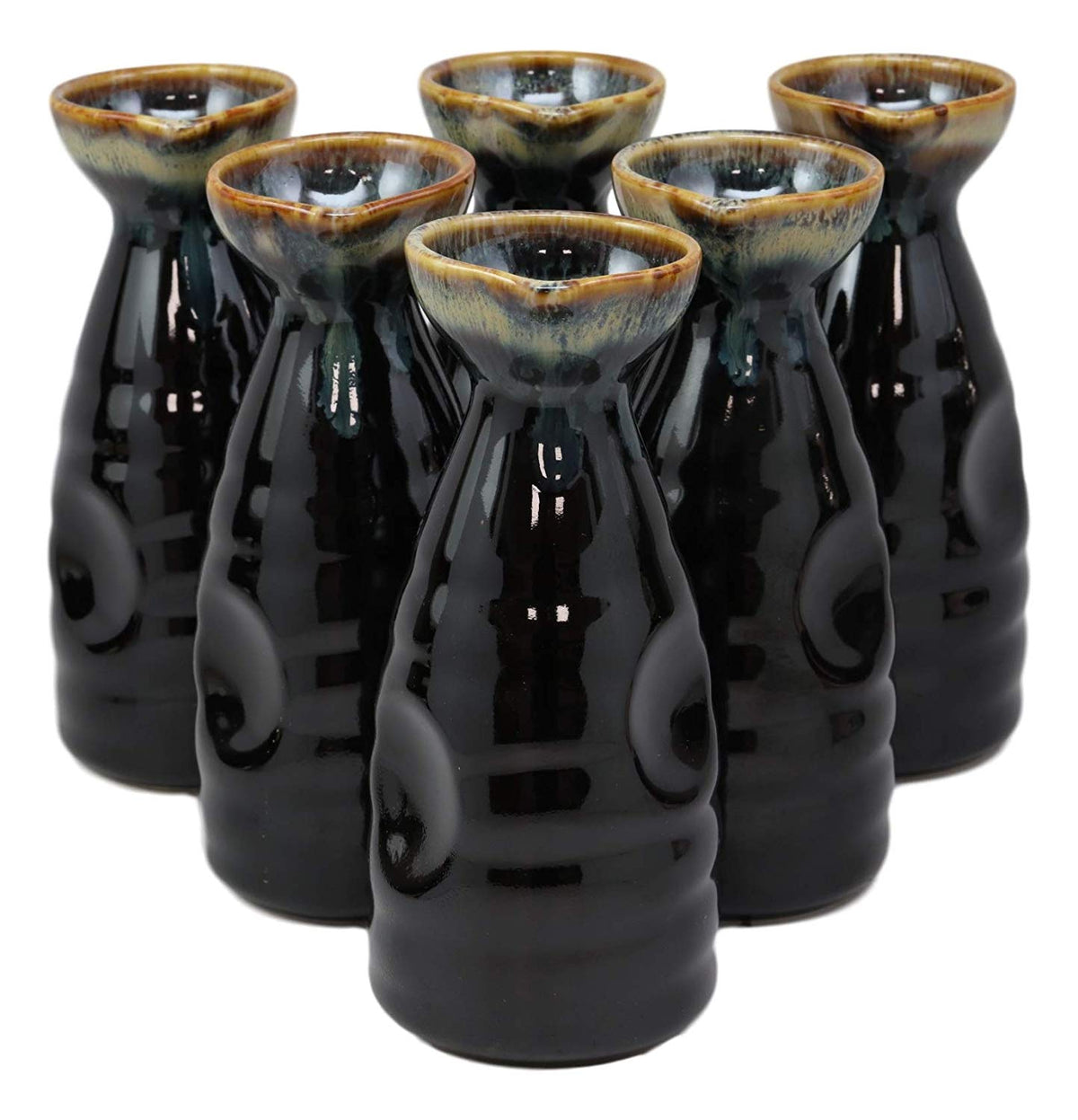 Glazed Ceramic Brown Waterfall Japanese Wine Sake Tokkuri Flask Pack of 6 Flasks