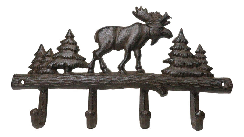 Cast Iron Rustic Western Elk Moose Deer Roaming Pine Woodlands 4-Peg Wall Hooks