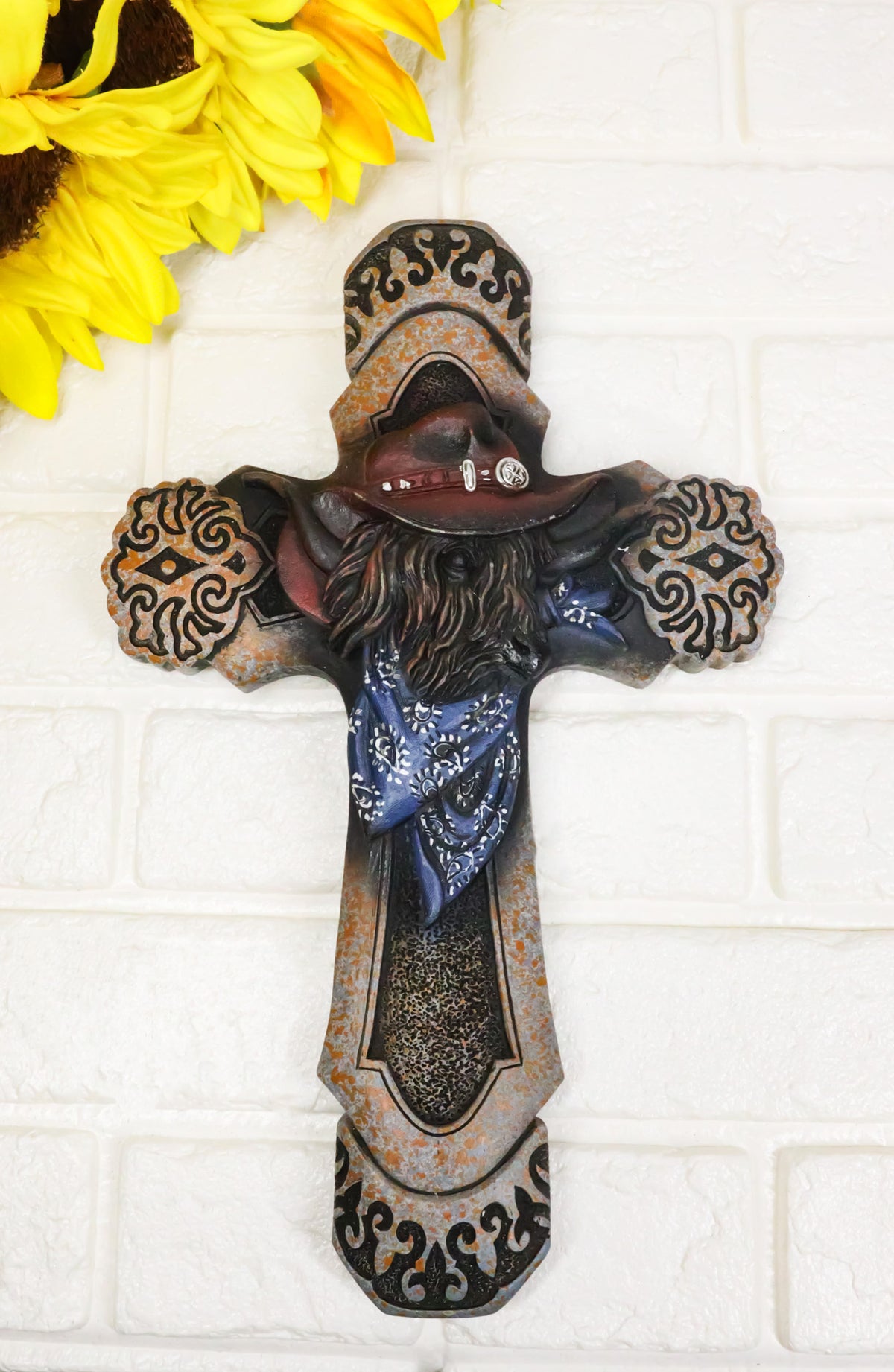 Rustic Country Western Highland Cow with Cowboy Hat and Scarf Wall Cross Decor