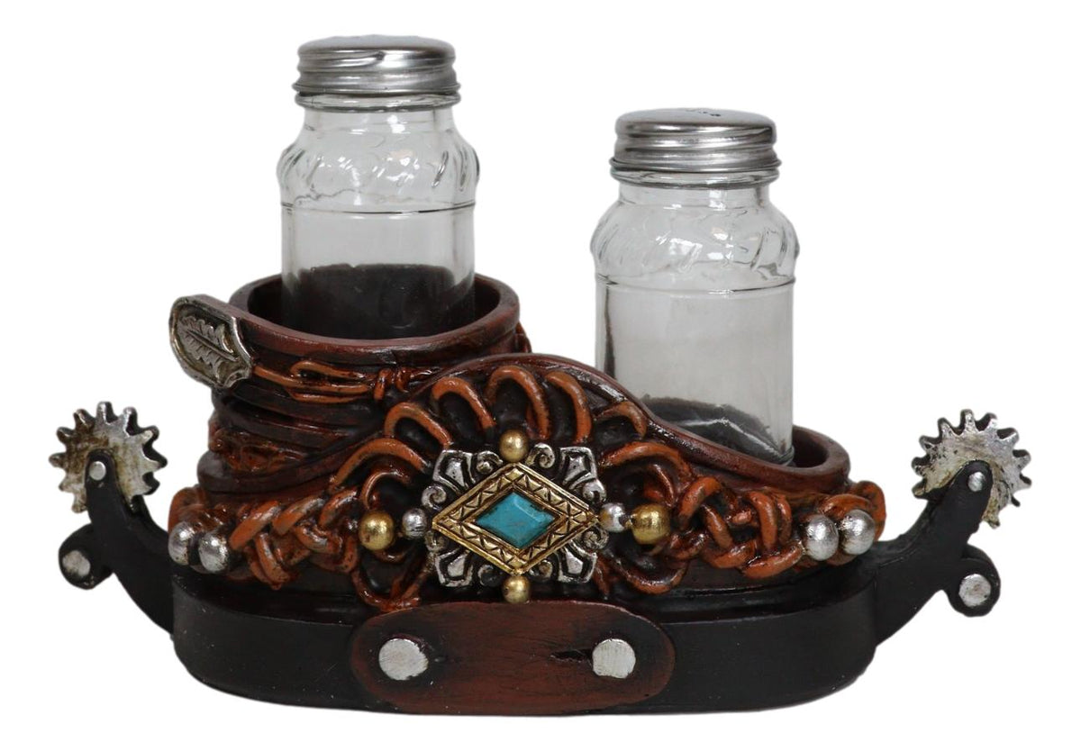 Western Cowboy Double Boot Spurs And Concho Faux Leather Salt Pepper Shakers Set - Ebros Gift
