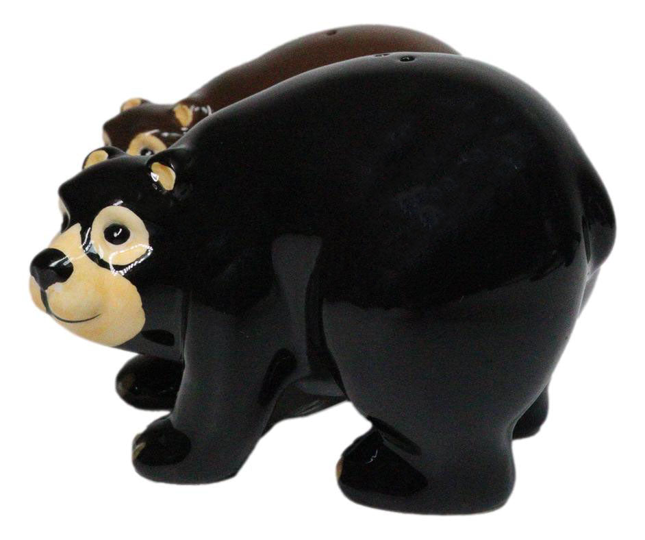 Rustic Forest Black Bear With Grizzly Bear Ceramic Salt And Pepper Shakers Set
