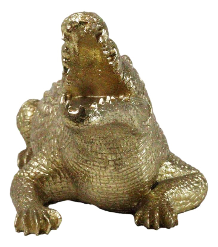 Large 2 Feet Gold Patina Crocodile Baring Jaws and Razor Teeth Garden Statue