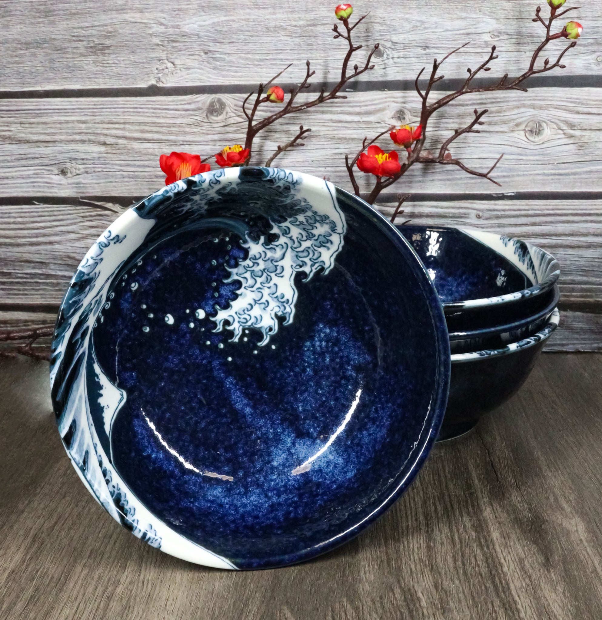 Set Of 4 Blue Japanese Hokusai Great Wave Porcelain Large Ramen