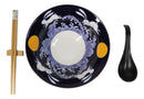 Blue Sky Moon Rabbit Ceramic Ramen Rice Bowl With Soup Spoon Chopsticks And Rest