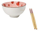 Set of 2 Lucky Cat Maneki Neko Red Ceramic 12oz Bowls With Bamboo Chopsticks