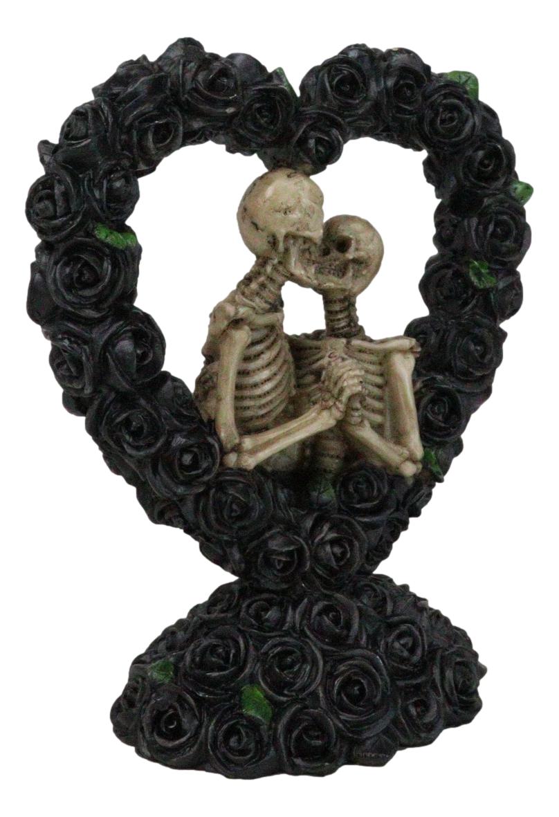 Love Never Dies Black Bridal Roses Heart Wreath Skeleton Couple Kissing Figurine - Ebros Gift