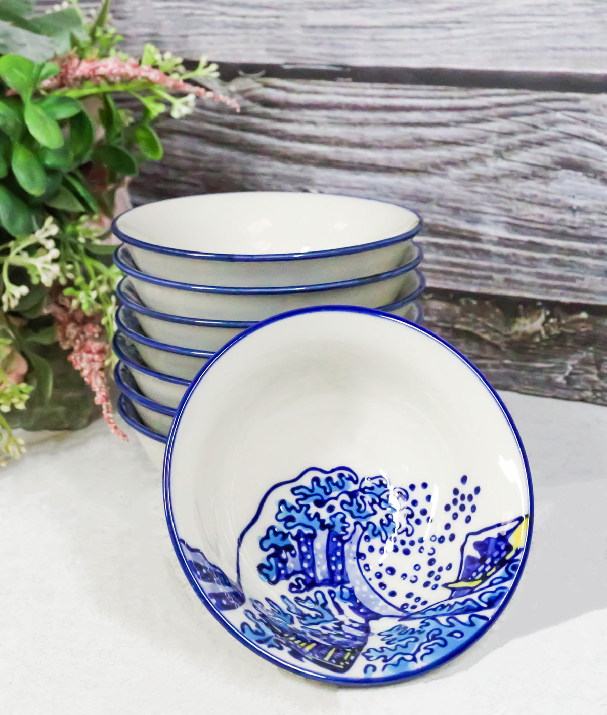Pack Of 8 Ceramic Great Wave Of Kanagawa By Hokusai Sauce Oil Condiment Dishes - Ebros Gift
