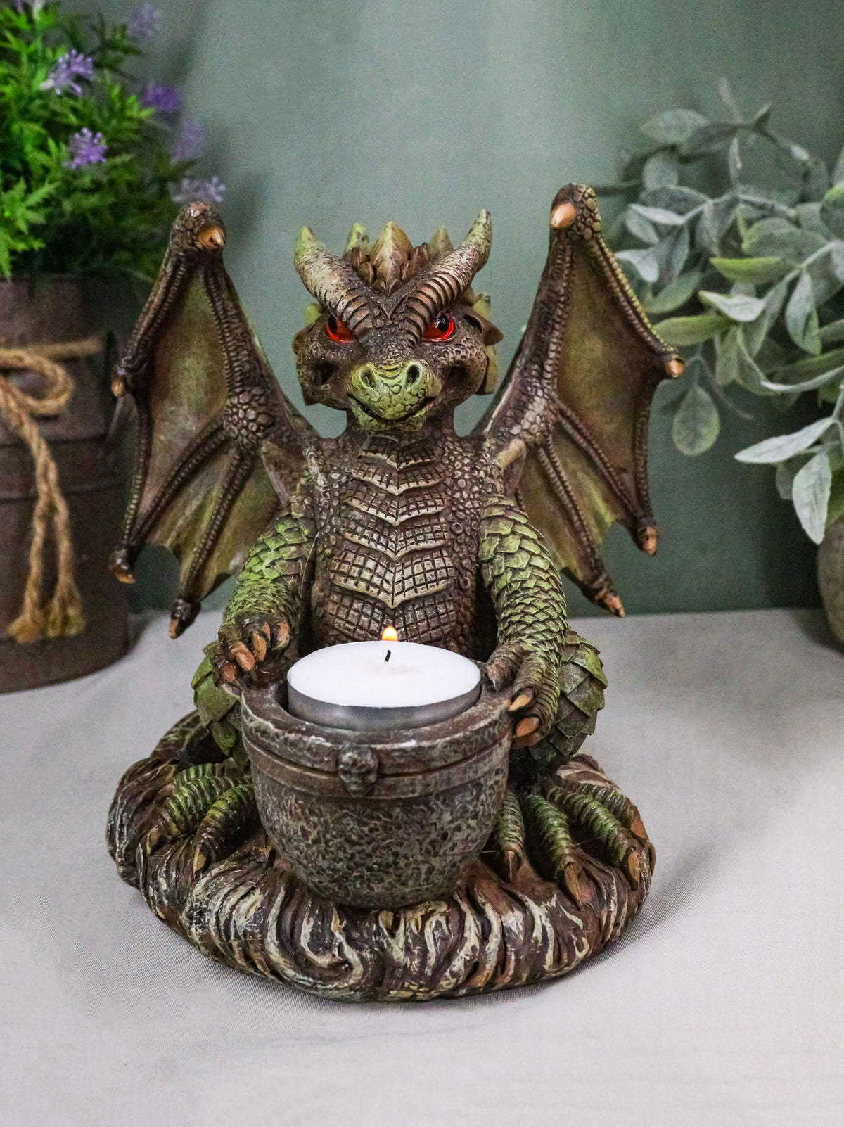 Earth Druid Dragon Holding Magic Cauldron Tea Light Candle Or Incense Holder