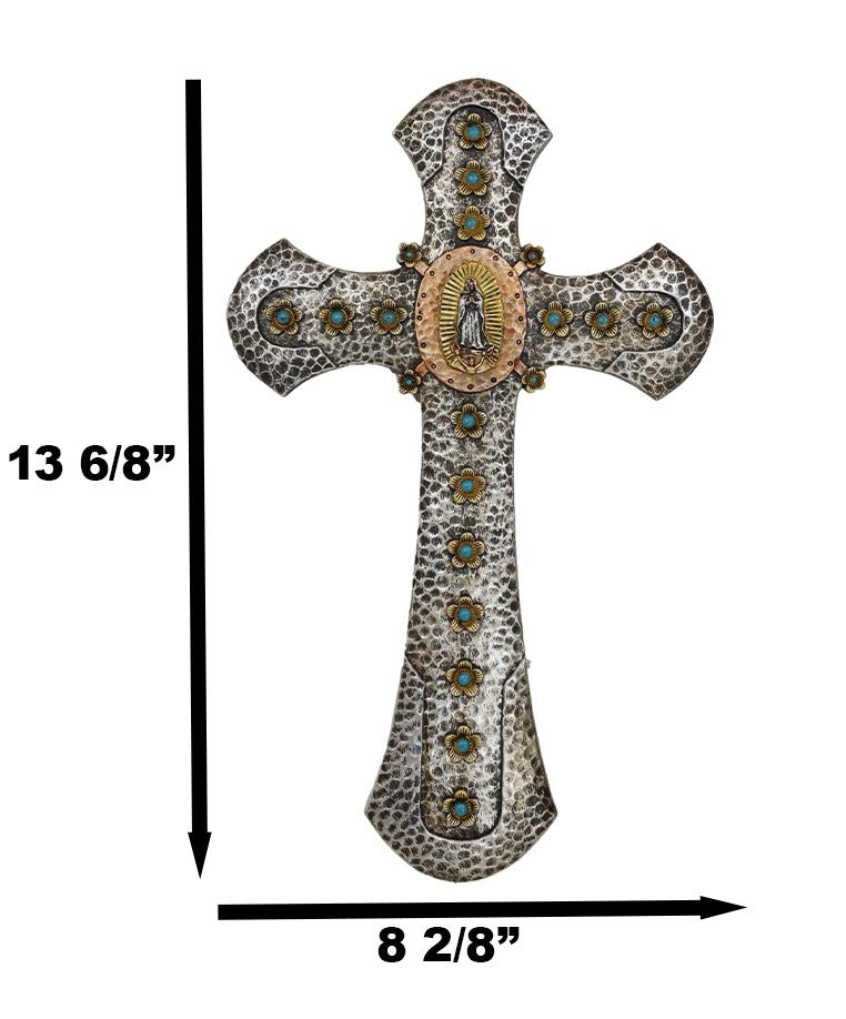 Catholic Lady Of Guadalupe Mary With Turquoise Gems Hammered Pattern Wall Cross