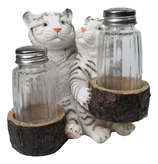 Siberian Snow White Tiger Couple Salt and Pepper Glass Shakers Holder Figurine