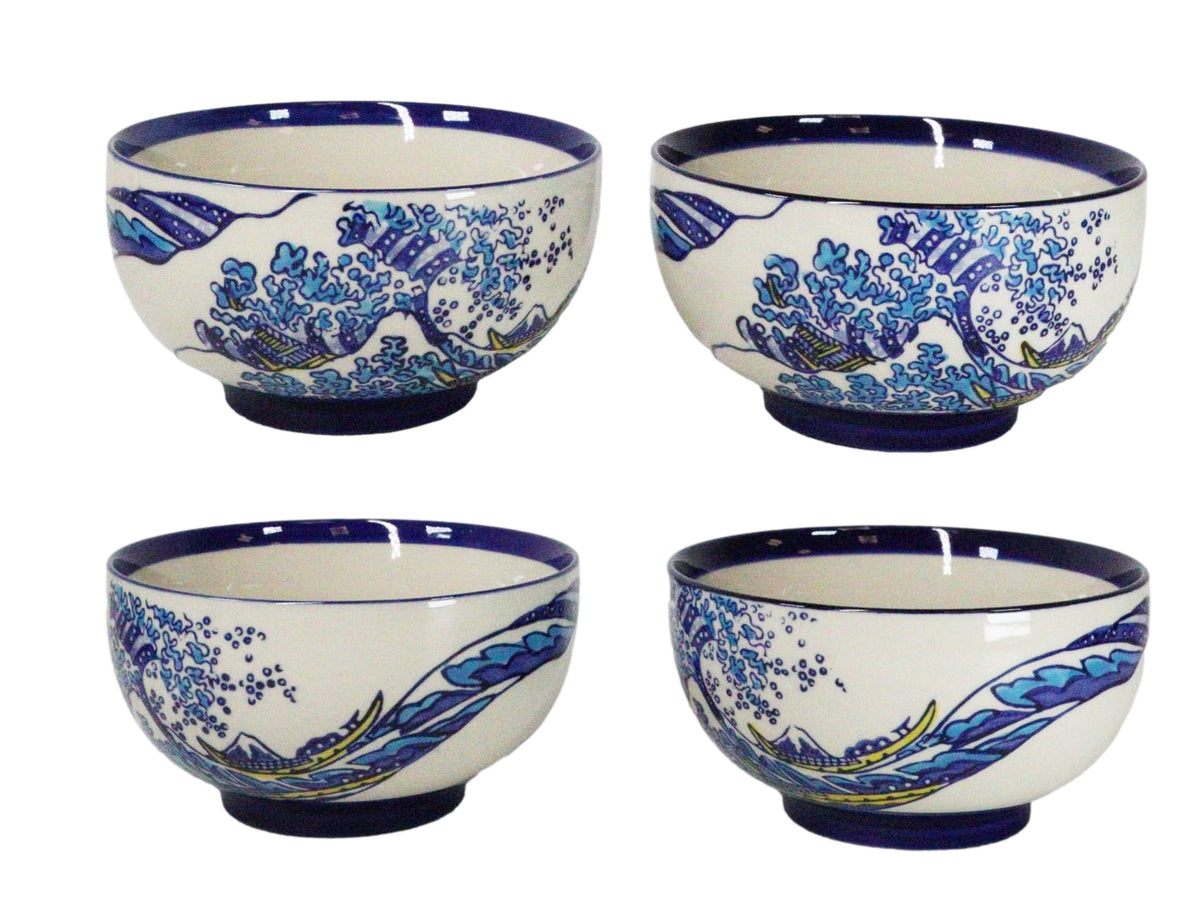 Pack Of 4 Blue Japanese Hokusai Great Wave Ceramic Soup Rice Salad Bowls 22oz