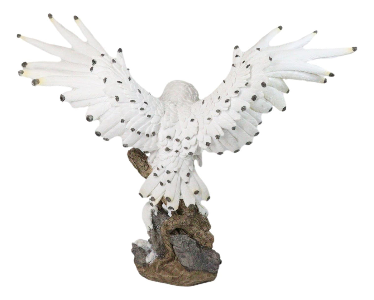 Winter Snowy Owl with Outsretched Wings on Snow-Covered Tree Stump Statue 14"H