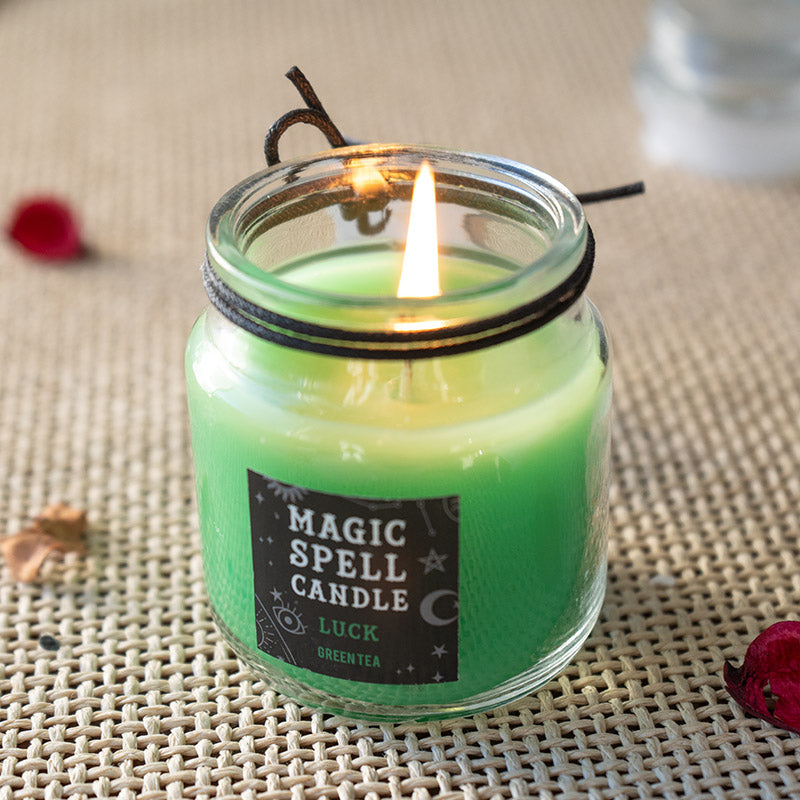 Set of 3 Wicca Halloween Ritual Green Tea Luck Fortune Spell Candle in Glass Jar