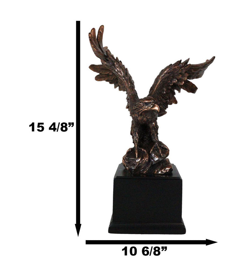 Open Winged American Bald Eagle Landing On Rock Steppes Figurine With Base