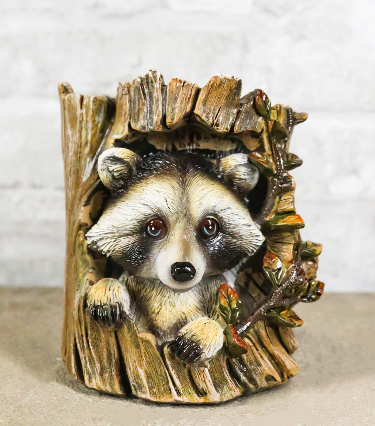Rustic Western Lifelike Gray Raccoon Hiding In Tree Trunk Decorative Figurine