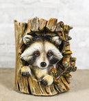 Rustic Western Lifelike Gray Raccoon Hiding In Tree Trunk Decorative Figurine