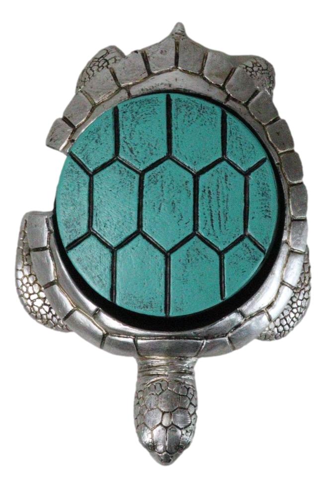 Marine Faux Antiqued Silver Sea Turtle With Turquoise Shell Round Coaster Set