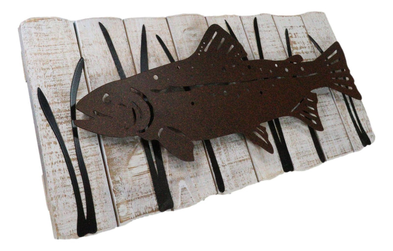 Wood Metal Nautical Marine Large Fish Swimming by Reeds Abstract Wall Art Plaque