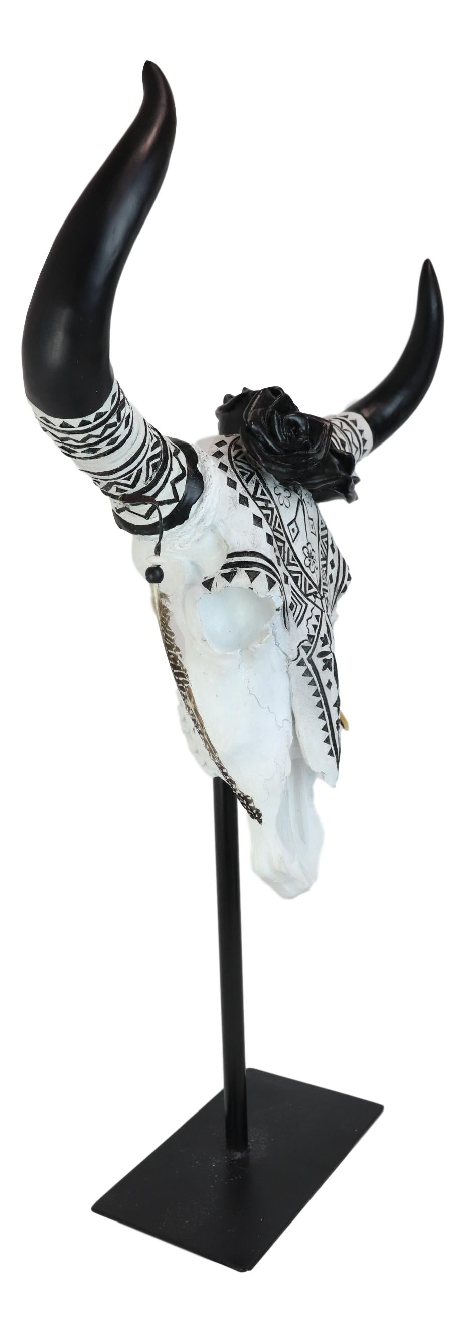 Large Rustic Western Tribal Black Roses Longhorn Cow Skull Desktop Plaque 32"H