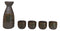 Glazed Ceramic Abstract Clay Brown Japanese Sake Tokkuri Flask And 4 Cups Set