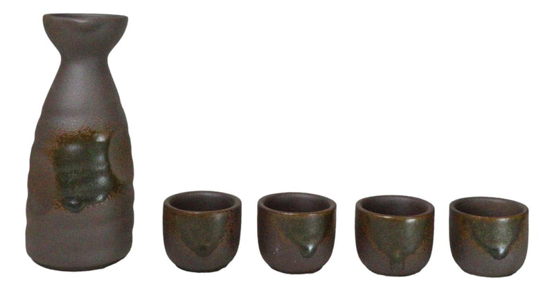 Glazed Ceramic Abstract Clay Brown Japanese Sake Tokkuri Flask And 4 Cups Set