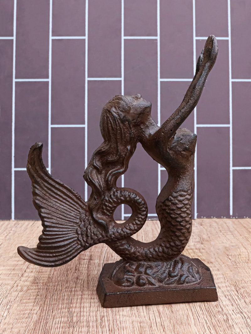 Cast Iron Rustic Nautical Siren Mermaid With Curling Tail Door Stopper Doorstop