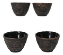 Rustic Bronze Dragon Etching Japanese Tetsubin Style Cast Iron Tea Cups Set of 4