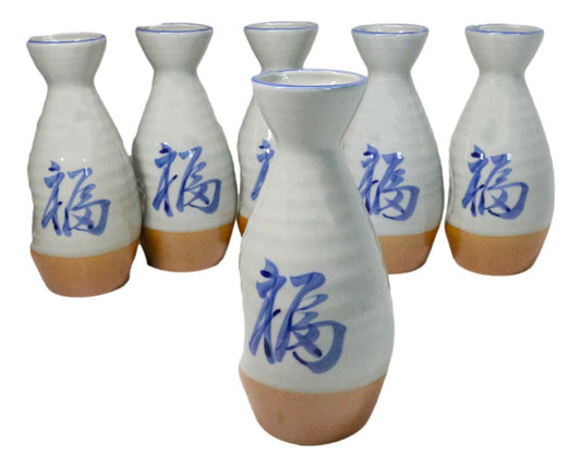 Pack Of 6 White And Caramel Fuku Kanji Japanese Wine Sake Tokkuri Bottle Flask