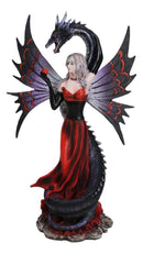 Fantasy Red Gowned Gothic Rose Fairy With Black Grendel Volcano Dragon Figurine