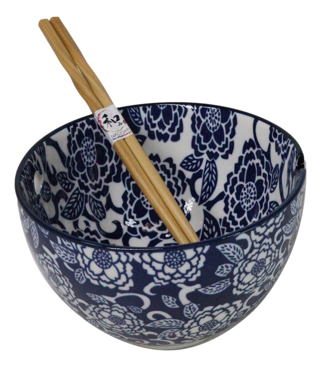 Blue Botanica Floral Blossoms 20Oz Donburi Ramen Soup Bowl With Chopsticks Set