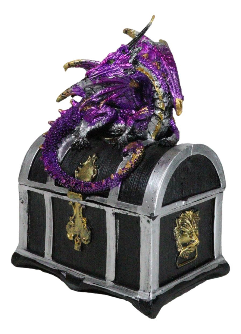 Purple Midnight Dragon Guarding Lion Treasure Chest Small Trinket Box Figurine