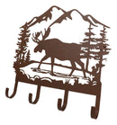 Rustic Western Moose Deer By Pine Forest Mountain 4-Peg Wooden Wall Hooks Plaque