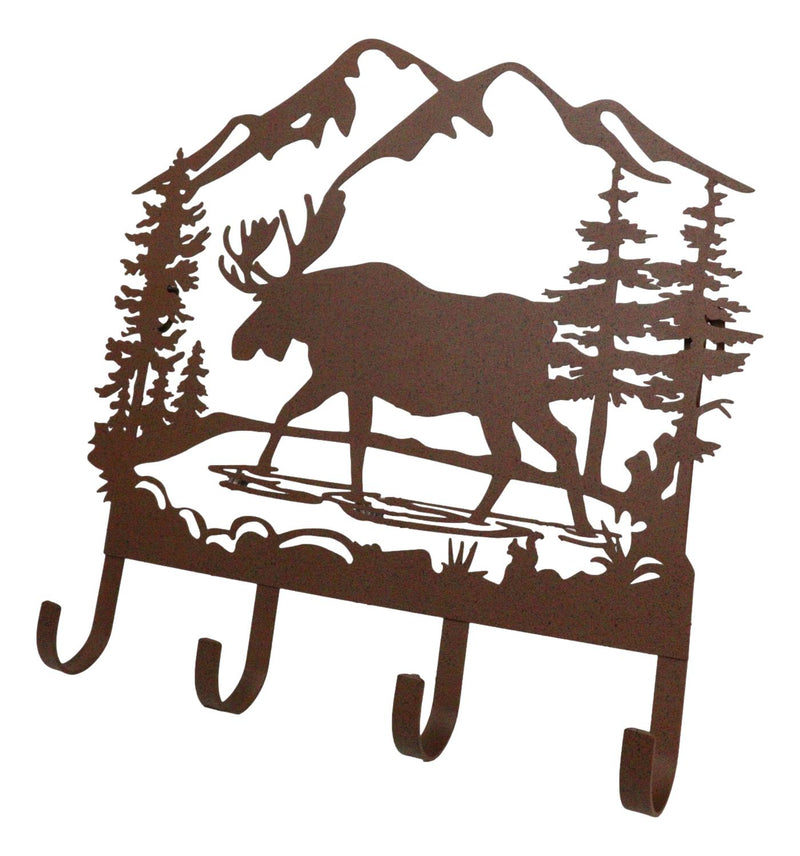 Rustic Western Moose Deer By Pine Forest Mountain 4-Peg Wooden Wall Hooks Plaque