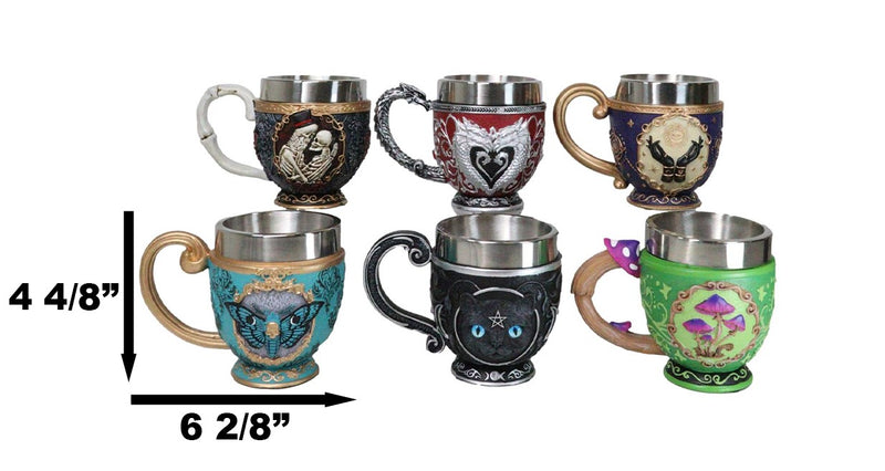 Set Of 6 Colorful Cameo Tarot Moth Skeletons Dragons Cat Magic Tea Cup Mugs