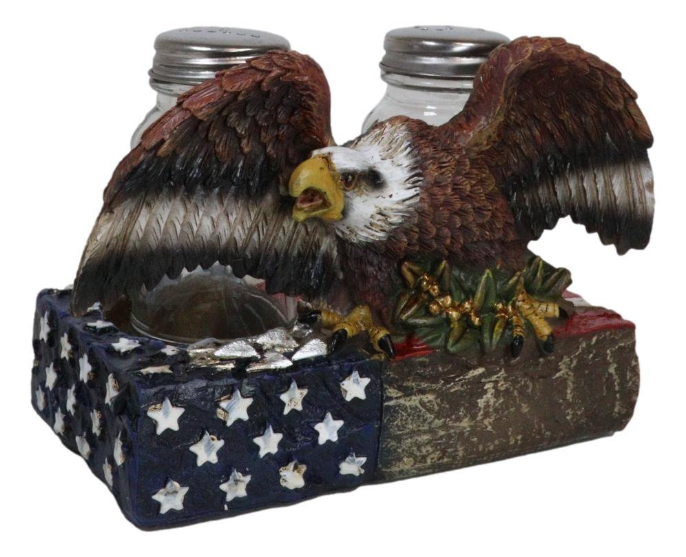American Bald Eagle With Olive Branch On US Flag Salt & Pepper Shakers Holder