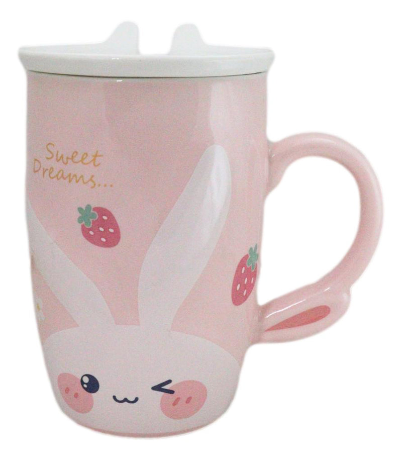 Pink Bunny Rabbit Strawberries Sweet Dreams Ceramic Mug With Lid And Spoon