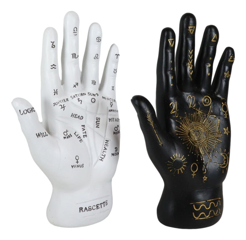 Ebros Psychic Fortune Teller Palmistry Hand Palm Figurine (Black & White Set) - Ebros Gift